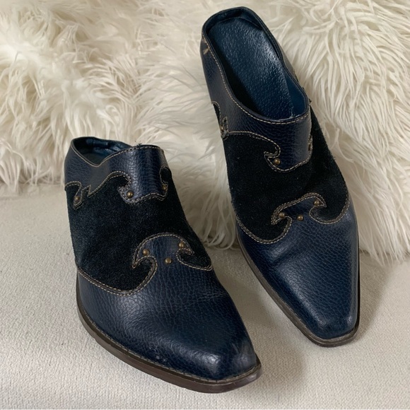 Western Navy Blue Leather Suede Studded Mule Heels - Picture 13 of 13